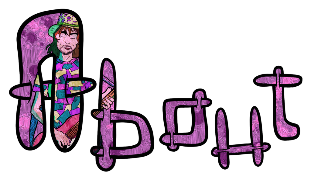 "About" in custom font. Jerry playing guitar inside the letter "A."